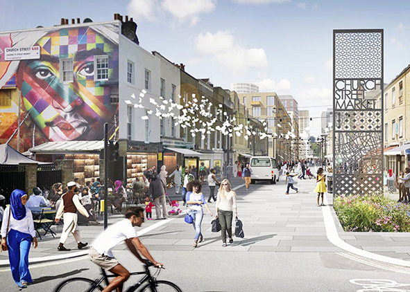 Church Street Masterplan is a framework for inclusive growth leading to a safer, more social place to live; it is designed to deliver tangible benefits quickly for local people (credits: www.lda-design.co.uk/work/portfolio/church-street/, 2020). AGATHÓN 07 | 2020