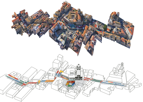 Excerpt of the aerial photo of the present status and axonometric view of the project of the Piazza Carmine, and the new Covered Market in Ballarò (credit: LabCity Research Group, 2019). AGATHÓN 07 | 2020
