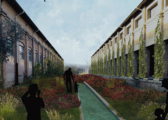 The open space and the vegetation that reappropriates it, among the regenerated buildings (credit: E. Al Smaily, C. Amato, C. Ciambellotti, O. Kararmaz, A. Leonìdou, D. Manzo, A. Miecchi, Y. Ouyang, A. Rosa and J. Wilches, 2019). AGATHÓN 08 | 2020