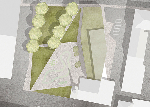 Plans of the current state and intervention scenarios with the introduction of trees and wooden canopies with climbing vegetation for points A, B, C (credit: F. Mosca, 2021). AGATHÓN 09 | 2021