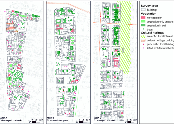 Survey areas and classification of the courtyards according to the presence and typology of vegetation (credit: M. S. Lux, 2021). AGATHÓN 11 | 2022