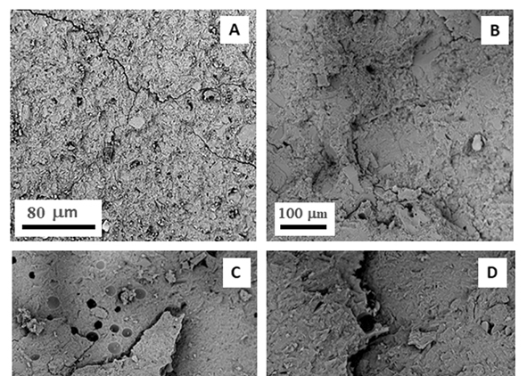 SEM micrographs of (A) geopolymer without aggregates; (B) GP-MK; (C) DC-MK; (D) DCdry-MK; and (F) Ge-MK at 10000x and 15000x magnifications. AGATHÓN 13 | 2023