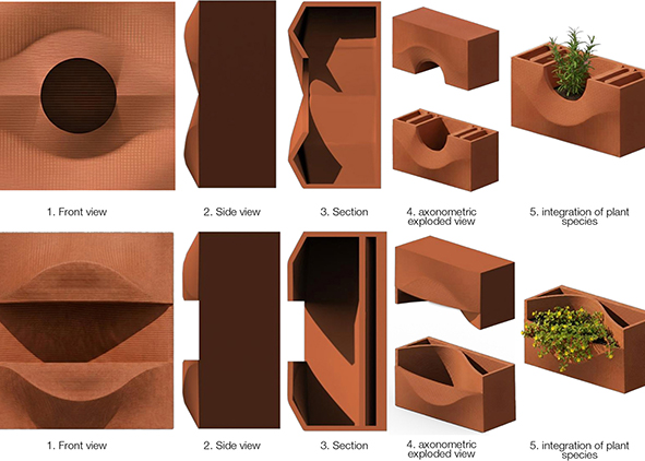 Concept of the two components of The Dome Wall modular façade system, with front views, side views, sections, exploded axonometries, and simulations of the integration of the main plant species envisaged (credit: the Authors, 2026). AGATHÓN 19 | 2026
