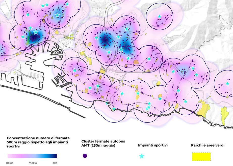 Zoom map of downtown Genova and Val Bisagno for the concentration of bus stops within 500 metres of each sport facility, school, hospital, cultural venue, green area, and park (credits: project Mobiquity, 2024). AGATHÓN 16 | 2024