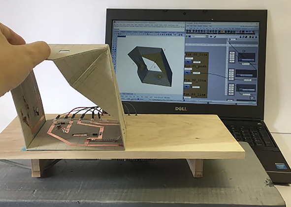 Deforming Rhomboid: analogue model integrating light and flex sensors as interface to parametric model (credit: A. Iverson-Radtke, 2022). AGATHÓN 16 | 2024