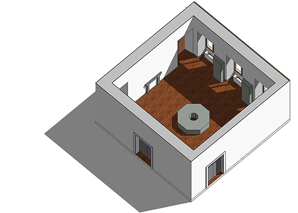 The BIM model of Room 1 developed in Autodesk Revit: (left) plan, section and (right) axonometry (credit: G. Ro¬magna, 2024). AGATHÓN 16 | 2024