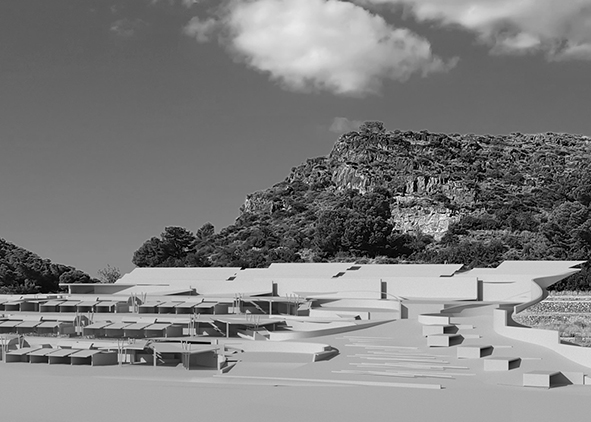 Conceptual sketch and photomontage showing the integration of the cooperative housing proposal into the Almenara landscape, emphasising its stepped configuration and relationship with the surrounding topography (credit: J. Eixerés Ros, 2021). AGATHÓN 18 | 2025